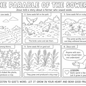 May include: A black and white comic strip illustrating "The Parable of the Sower." The panels show a farmer sowing seeds, with scenes of seeds falling on different terrains, including a path, rocky ground, and good soil, with text.