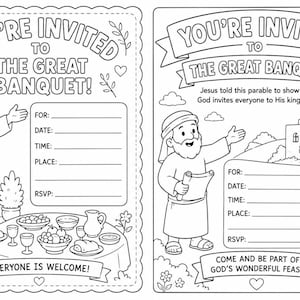 Pode incluir: Duas páginas para colorir em preto e branco com o texto YOU'RE INVITED TO THE GREAT BANQUET. Uma mostra uma figura apontando para uma mesa com comida e o texto EVERYONE IS WELCOME. A outra mostra uma figura, um edifício, o texto COME AND BE PART OF GOD'S WONDERFUL FEAST e linhas para detalhes do evento.