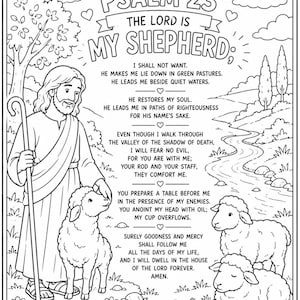 May include: Black and white line art illustration of Psalm 23. The image features a shepherd with a staff, sheep, and text from the psalm. The text includes phrases like "The Lord is my shepherd" and "I shall not want."