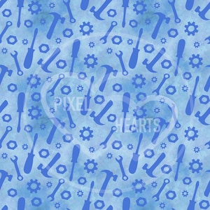 May include: A repeating pattern of blue tools including hammers, screwdrivers, wrenches, and hexagonal nuts set against a light blue watercolor-style background. The text PIXEL HEARTS is overlaid in the center in a semi-transparent white font.