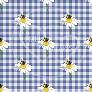 Diseño digital con estampado sin costuras de abeja sobre fondo azul oscuro a cuadros y margaritas.