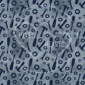 May include: A seamless pattern featuring dark blue silhouettes of hammers, screwdrivers, wrenches, and gears arranged on a mottled light blue background. A faint white heart outline is centered with the text PIXEL HEARTS overlaid in white.