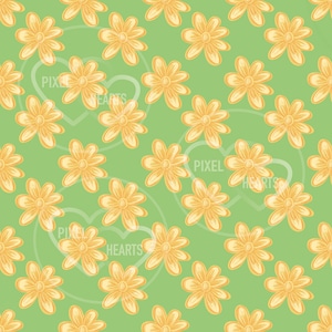 May include: A repeating pattern of light yellow flowers with six petals on a solid light green background. Faint, translucent white heart outlines are layered behind the flowers, each containing the text PIXEL HEARTS in white lettering.
