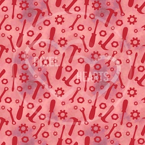 May include: A repeating pattern on a pink watercolor background featuring red silhouettes of hammers, screwdrivers, wrenches, and gears. A faint white heart outline is centered with the text PIXEL HEARTS overlaid in the middle of the design.