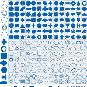 Puede incluir: Una colección de 224 formas básicas azules que incluyen estrellas, corazones, burbujas de diálogo, flechas y formas geométricas en una cuadrícula. El texto inferior dice 224 Basic Shapes Design AI, EPS, PDF, SVG PNG, JPEG.