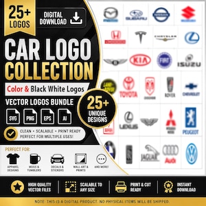 Pode incluir: Um pacote de download digital com mais de 25 logotipos de carros em cores e em preto e branco. O gráfico inclui o texto CAR LOGO COLLECTION, VECTOR LOGOS BUNDLE e 25+ UNIQUE DESIGNS. Formatos SVG, PNG, EPS e AI listados para vários usos.