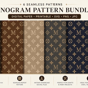 Könnte beinhalten: Ein digitales Paket mit 6 nahtlosen Monogramm-Mustern, die einen wiederholten Buchstaben M und vierzackige Sternmotive in sechs verschiedenen Farben wie Dunkelbraun, Beige, Grau, Marineblau und Schwarz zeigen, beschriftet als Monogram Pattern Bundle.