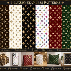 May include: A digital collection of 6 luxury seamless patterns featuring repeating gold fleur-de-lis and circular motifs on dark brown, white, black, multicoloured, deep red, and dark green backgrounds, displayed with various product mockups.