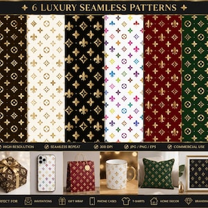 May include: A digital collection of six seamless patterns featuring gold fleur-de-lis and circular motifs on black, white, red, and green backgrounds, plus a multi-colored version. The text 6 LUXURY SEAMLESS PATTERNS is displayed at the top.