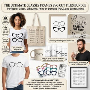 May include: A digital bundle of 88 glasses frame SVG cut files featuring various eyewear shapes. The collection includes designs for t-shirts, tote bags, mugs, party signs, and stationery, showcasing black line art graphics on white and beige backgrounds.