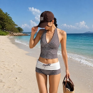 Vintage Gingham Bikini Set for Women, Halter Swimwear, Retro Two Piece Swimsuit with Shorts, Beach Vacation Outfit