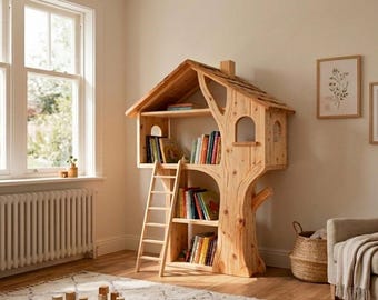 Wooden Treehouse Bookshelf – Montessori Nursery Book Storage Furniture