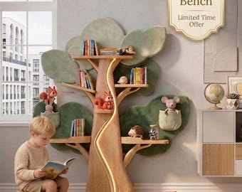 Handgemachtes hölzernes Baum-Bücherregal mit LED-Licht | Samt Blatt Kinderzimmer Regal