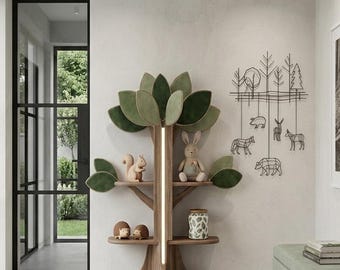 Handmade Wooden Tree Bookshelf with Velvet Leaves and LED Light | Kids Room Decor