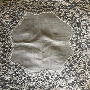 Tambour lace wedding handkerchief floral design embroidered pretty large bridal hanky 17&quot; x 13&quot;  c1900