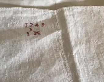 Fine linen sheet original owner's initials I. M. (Marshall)  provenance notes English dated 1749