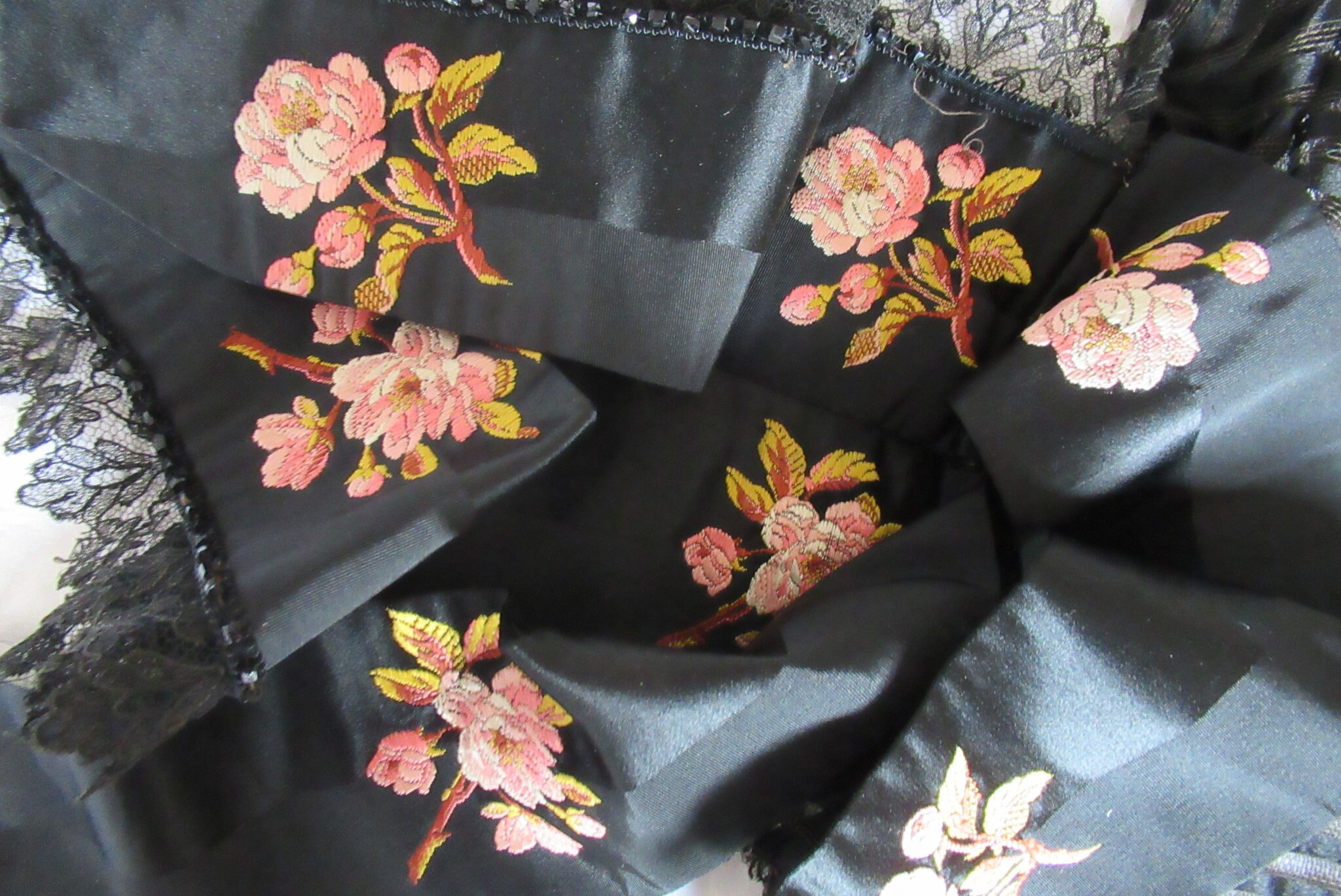 Image of Antique Woven All Silk Apron Pinny Vibrant Ribbon Top Black Lace Beaded Trim 's Lined Victorian Afternoon Tea