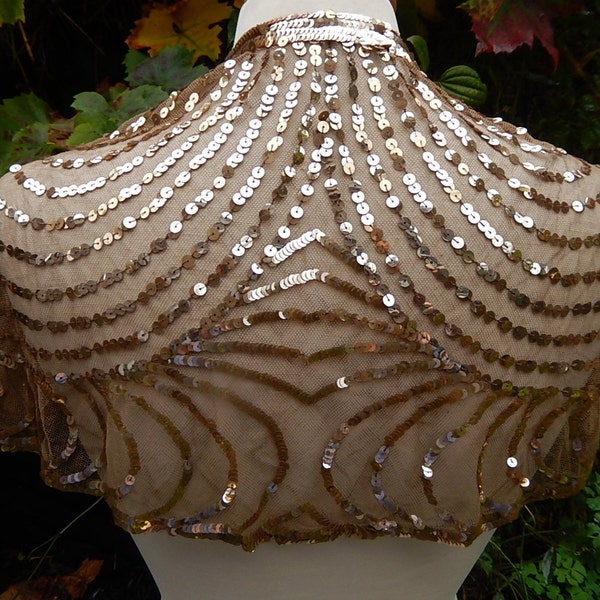 Vintage Art Deco gold sequin cape shrug with ties flapper large collar circa 1920 coffee tulle Downton Abbey