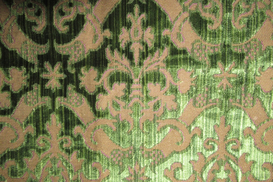 Vintage voided cut velvet fragment green silk metal fabric Etsy