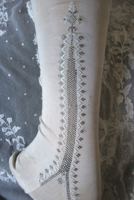 Antique silk stockings hand embroidered collectors
