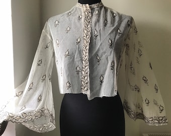 Vintage embroidered tulle net top blouse bodice unfinished seams & front closure