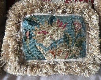 Tiny woven tapestry cushion pillow floral design wool silk 1800's on later linen