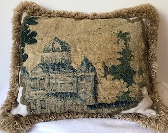 Woven French tapestry cushion pillow design wool silk 1800's appliqué linen ground D