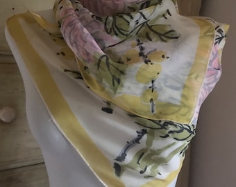 Vera Neumann silk chiffon scarf vintage 70's long printed 43" x 14" signed Crysanthemums