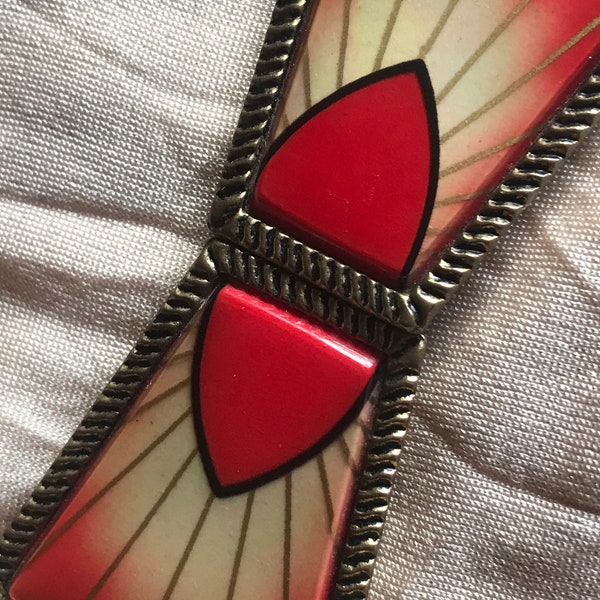 Vintage fab Czech Deco era buckle flame design 30's/40's plastic & metal Made in Czechslovakia