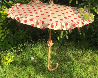 Vintage parasol sunshade cream cotton red polka dots summer spotty parasol 1930's - 40's