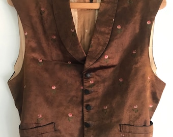 19c woven silk gentleman's waistcoat vest gilet hand made brocade small floral design message in lining 'My dear Father'