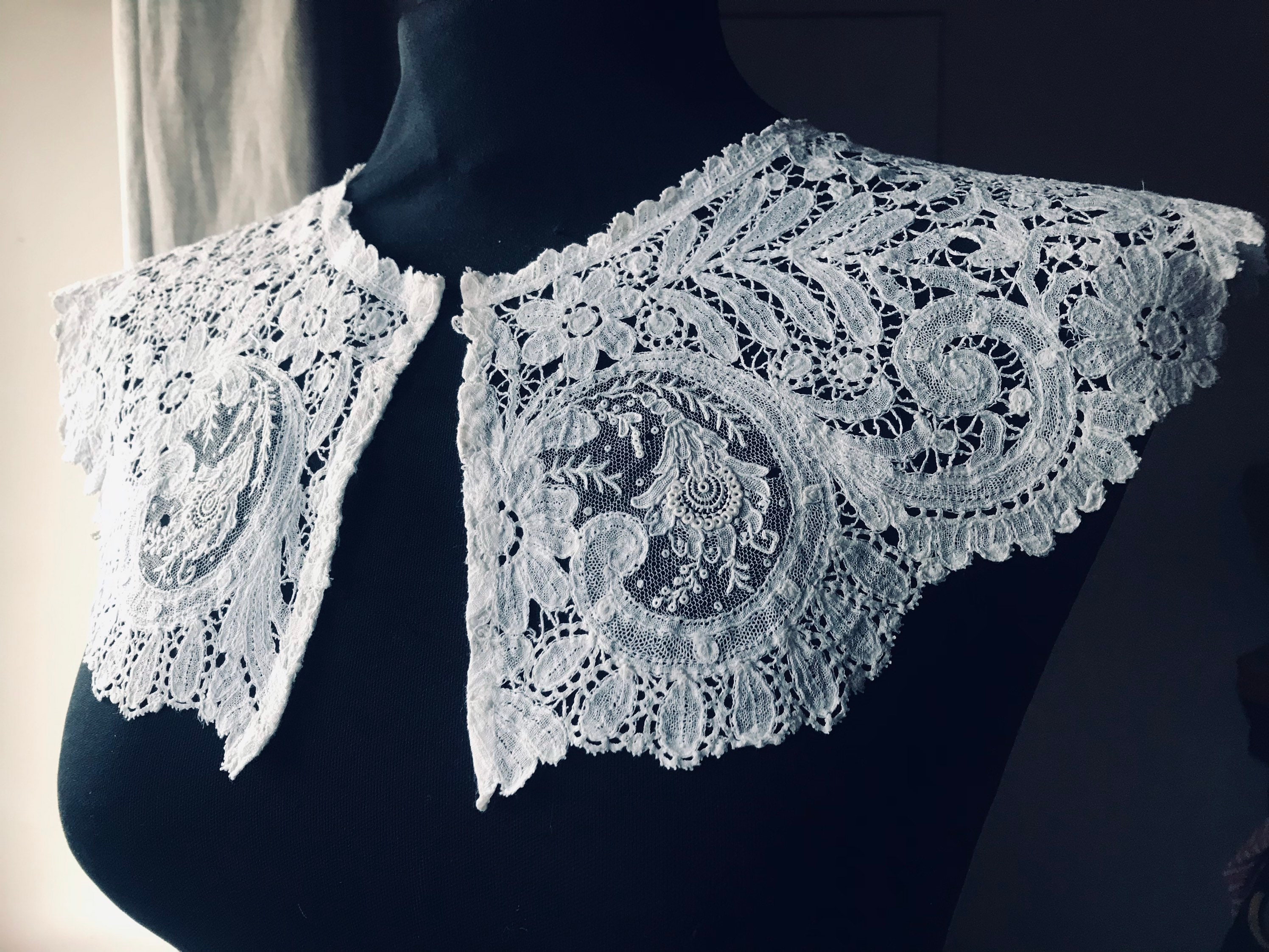 Antique Lace Collar Vintage Dimensional Irish Crochet Lace Bertha Collar  Dress Front Handmade Lace 