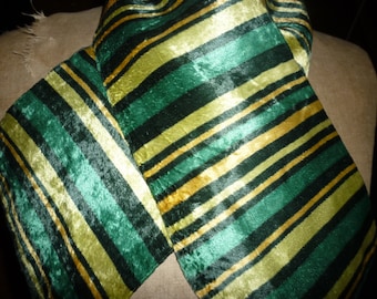 Vintage silk velvet striped scarf neck tie late 1930's/40's green yellow snazzy WW2
