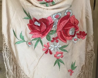 Vintage embroidered floral silk shawl long hand knotted silk fringe Spanish vibrant multi on cream circa 1930