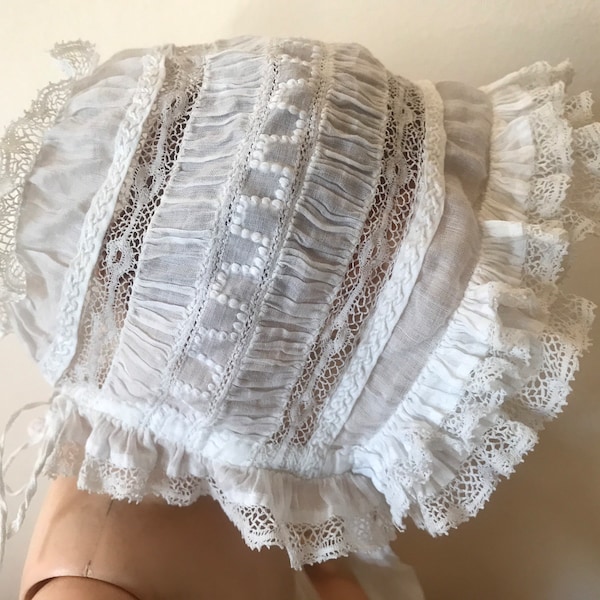 Vintage lace baby bonnet fine lawn embroidery all hand work Greek key design Christening baby/doll clothes