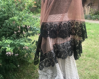 Vintage lace shawl/veil brown diamond design centre black floral border 72" x 72" Victorian two tone lace shawl goth
