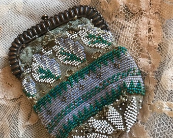 Beaded coin purse greens miniature chatelaine doll steel glass beaded sovereign purse early 1800's