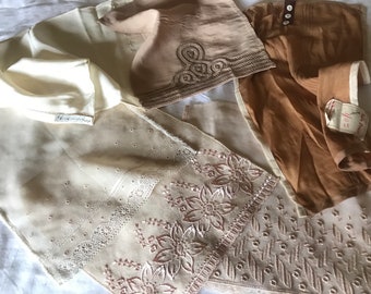Embroidered silk chiffon modesty vests/dress pieces  x six  1930's shades of coffee cream pink beige ecru
