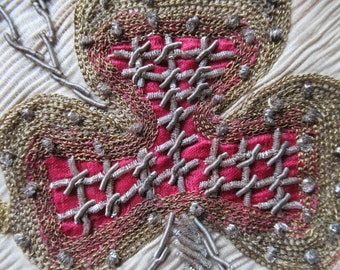 Turkish embroidery fragments (2) silk + silver metallic coils and gold thread 19c floral & snake stem applique salvage sewing project