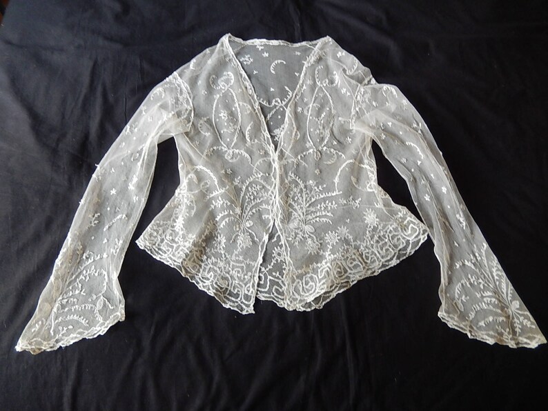 Antique applique lace jacket shrug bridal Victorian hand lace wedding 1800/'s floral sprays and sprigs
