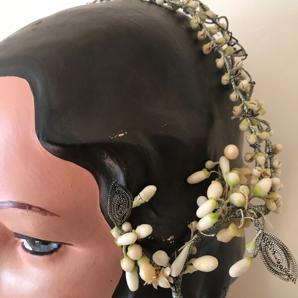 Wax headpiece silver wire band bridal buds & berries blossom flowers 18 ins around