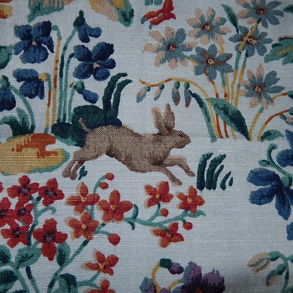 Vintage hare hound birds pheasant floral linen fabric fragment 17c style c1950 Sanderson project pillow