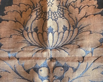 Vintage blue brocade fabric for pillow sewing projects huge botanical design  25 1/2" x  31 1/2"