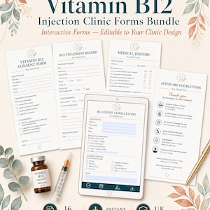 Puede incluir: Un paquete de formularios para clínicas de inyección de vitamina B12. Incluye formularios de consentimiento, historial médico, consulta y cuidados posteriores. También se ven un vial de vitamina B12 y una jeringa. El texto dice "Descarga instantánea".