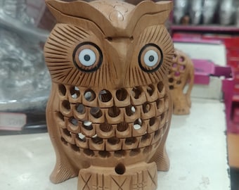 Hand Carved Wooden Owl Elephant Figurines | Jali Lattice Work Statues (Set of 2)