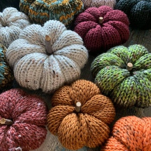 May include: A collection of ten crocheted pumpkins in various colours, including white, red, green, orange, and brown. The pumpkins are all different sizes and shapes, and they are arranged in a random pattern.