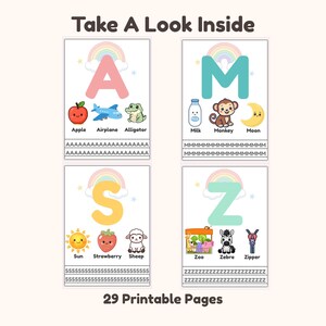 Op de afbeelding: Vier educatieve alfabetwerkbladen met de titel Take A Look Inside en 29 Printable Pages. Elke pagina bevat een grote letter, een regenboog en drie illustraties met labels: A voor Apple, Airplane, Alligator; M voor Milk, Monkey, Moon; S voor Sun, Strawberry, Sheep; Z voor Zoo, Zebra, Zipper.