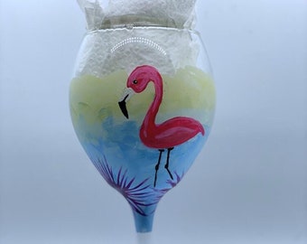 PINK FLAMINGO & PURPLE Sea Urchin design on  Wine Glass or Water Goblet