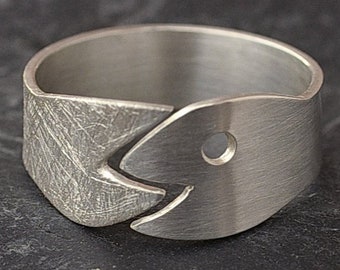 Silver ring fish smooth + rough adjustable customizable open animal jewelry