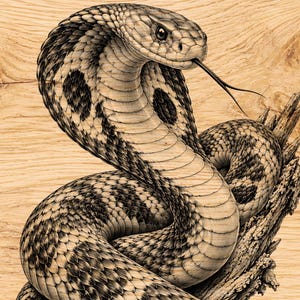 May include: A detailed black and white illustration of a cobra snake coiled around a piece of weathered driftwood. The snake has a flared hood, visible scales, and a forked tongue extended outward, set against a light wood grain background.